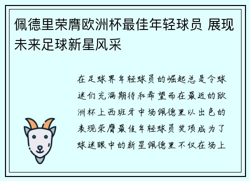 佩德里荣膺欧洲杯最佳年轻球员 展现未来足球新星风采